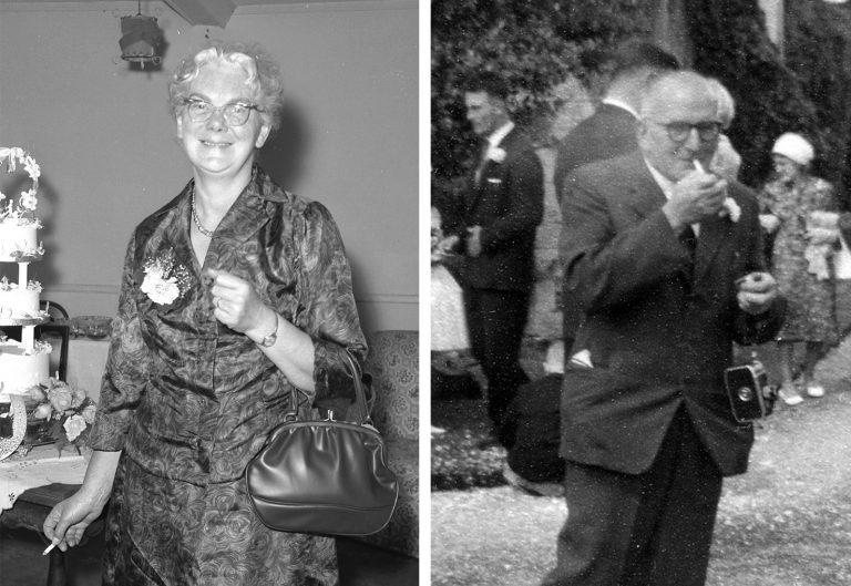 Two people in 1960s smoking