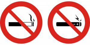 red circle with red line through a cigarette and e-cigarette