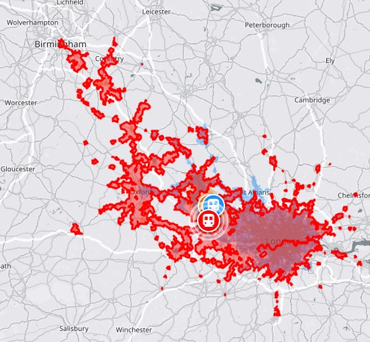 Map showing train travel area within two hours