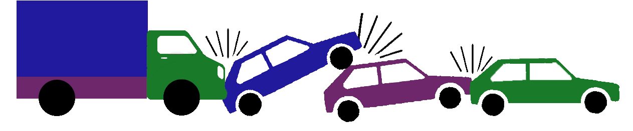 lorry, blue car, purple car, green car in pile up